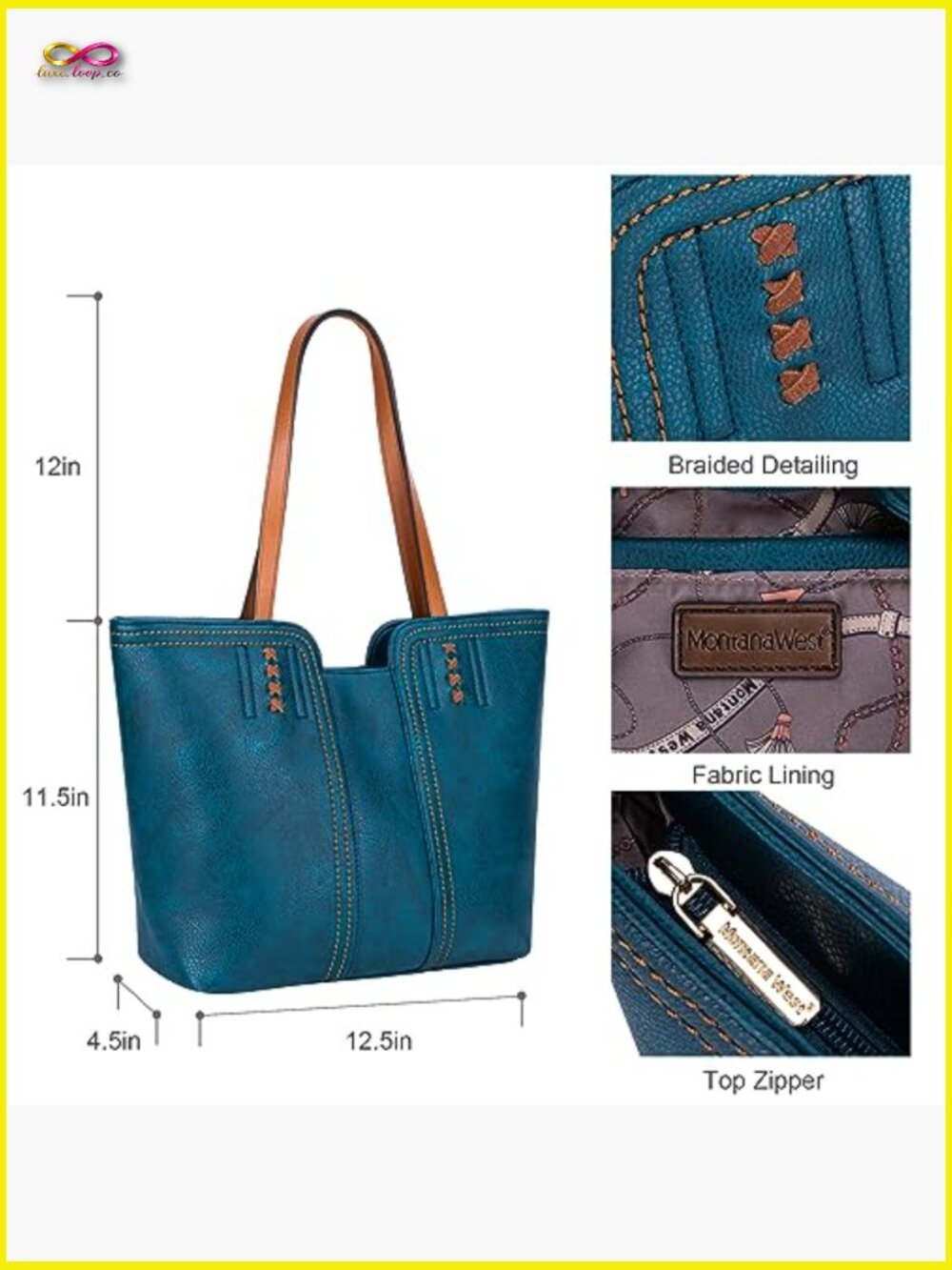 Slouchy Tote Bag with Braided Details Top Zipper Closure Vegan Leather Everyday - Picture 3 of 7